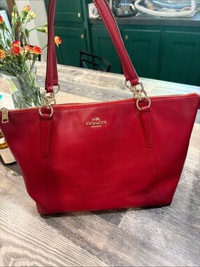 Coach Red Leather Tote with Gold Hardware